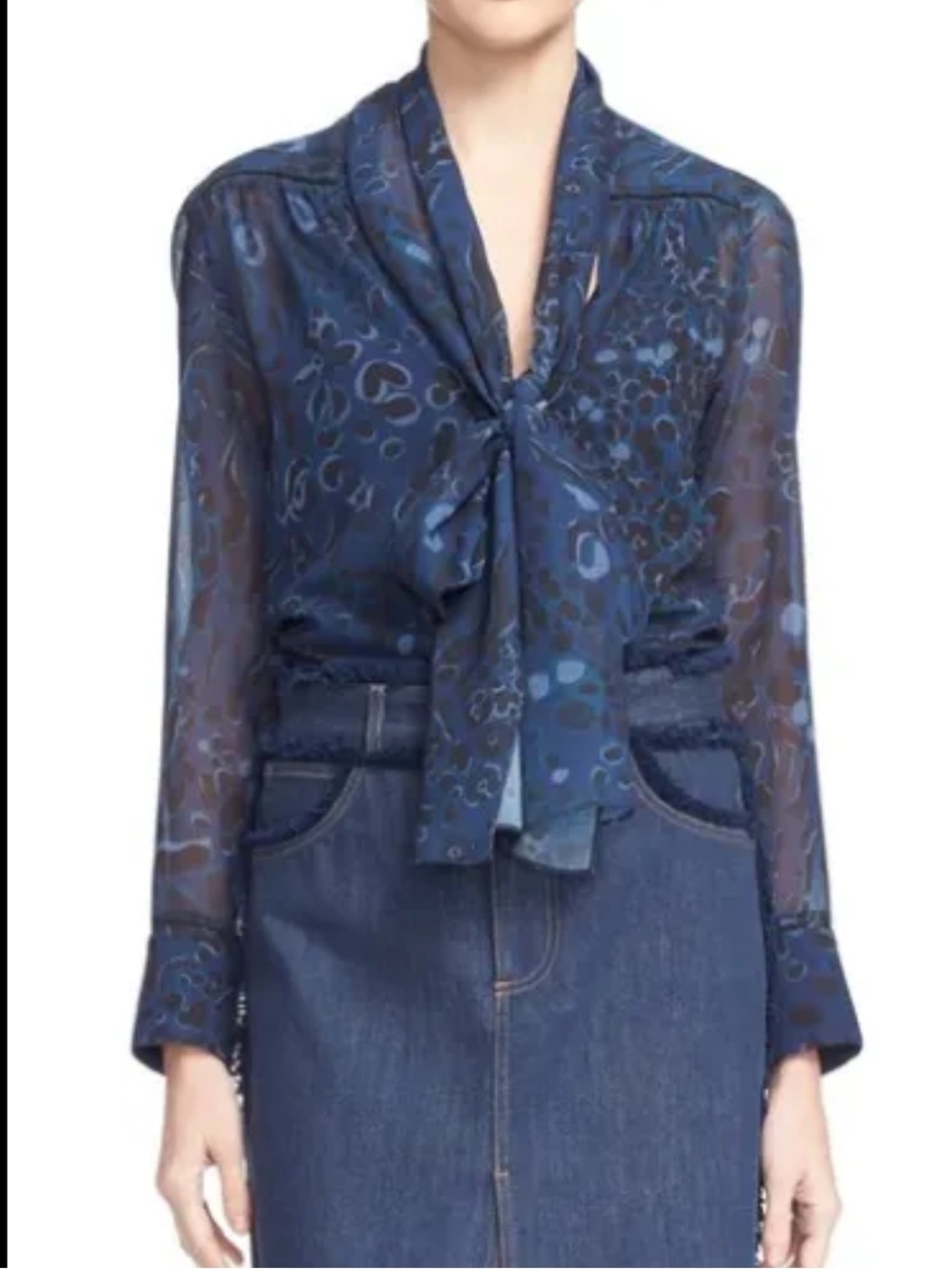 See by Chloe Navy & Black Leopard Print Sheer Multi Way Tie Neck Blouse Size XL